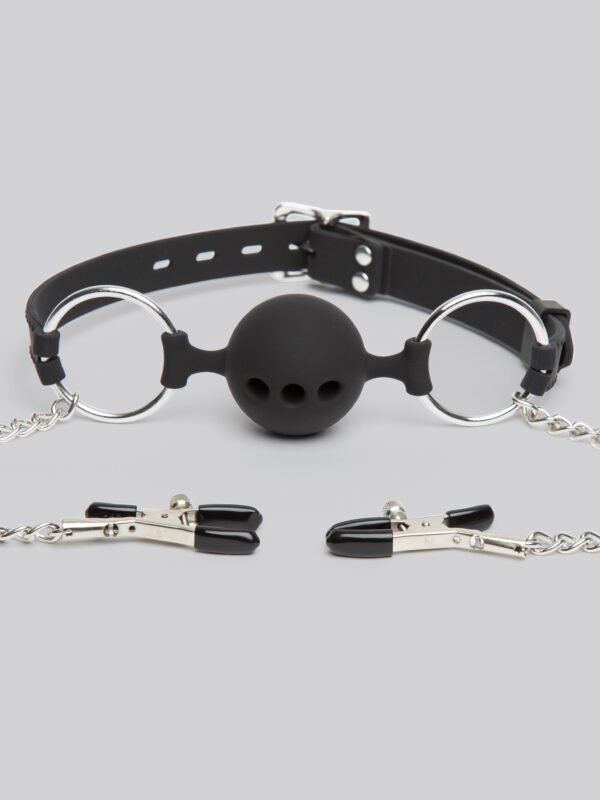 DOMINIX Deluxe Large Breathable Ball Gag with Nipple Clamps