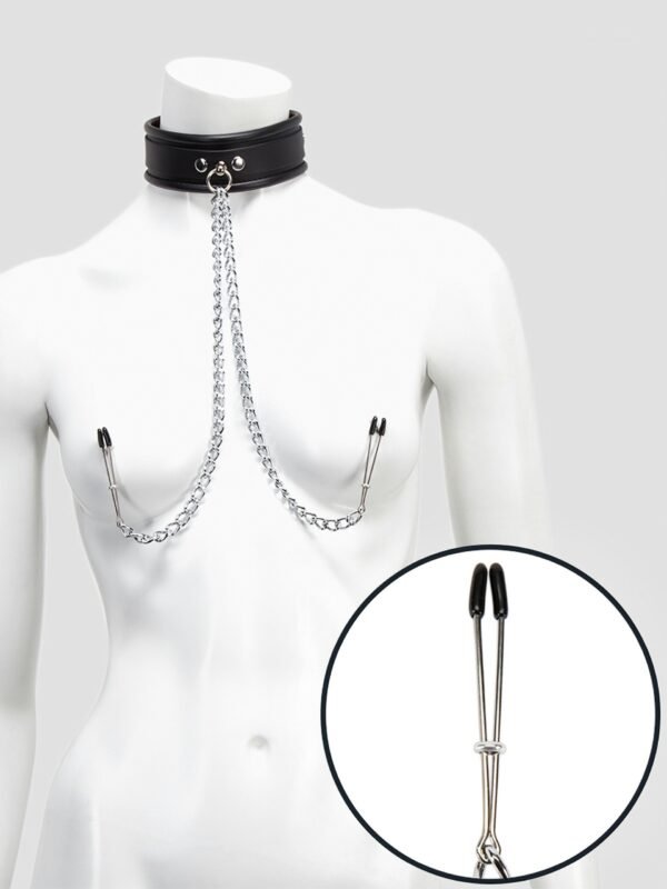DOMINIX Deluxe Leather Collar with Nipple Clamps