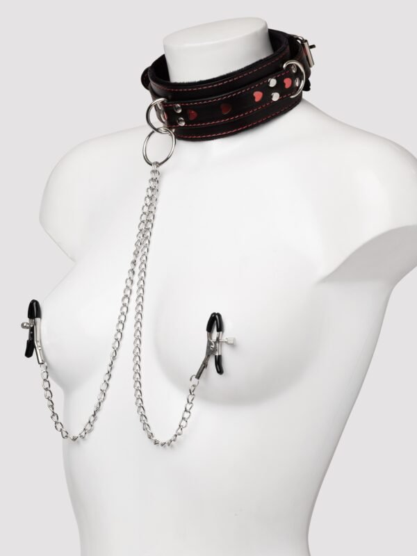 86964_3 Bondage Boutique Heart Collar with Nipple Clamps and Chain