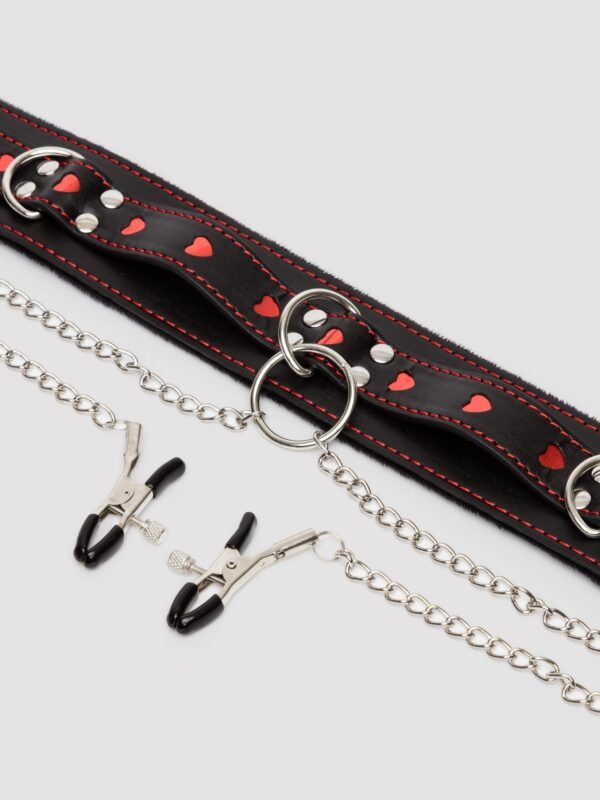 86964_4 Bondage Boutique Heart Collar with Nipple Clamps and Chain
