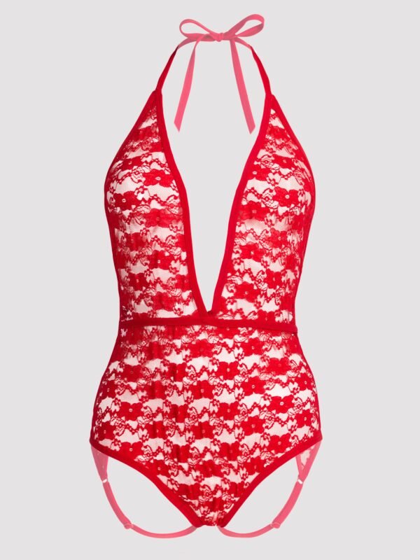 Lovehoney Crotchless Deep Plunge Red Lace Teddy
