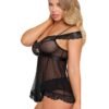 Exposed Black Lace and Mesh Cami Set