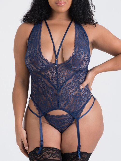 Lovehoney Plus Size Late Night Liaison Blue Lace Plunge Bustier Set