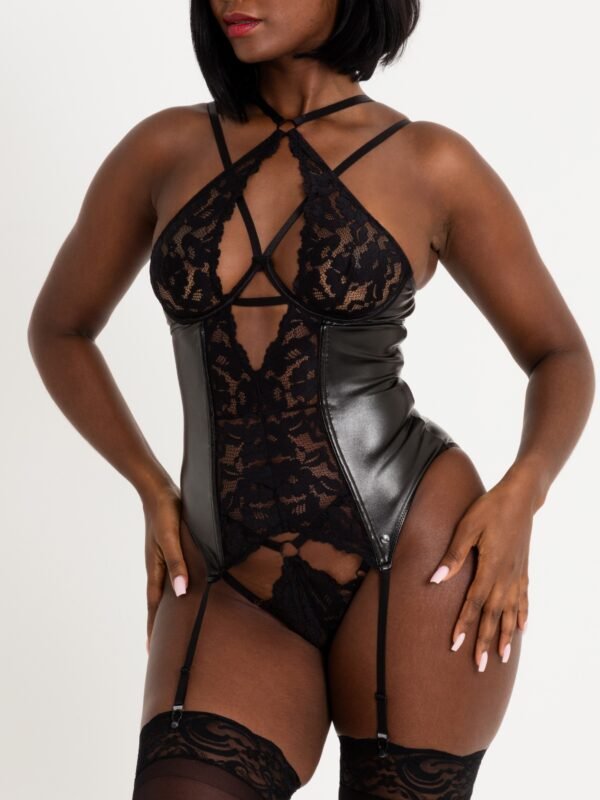 Lovehoney Fierce Romance Black Wet Look and Lace Bustier Set