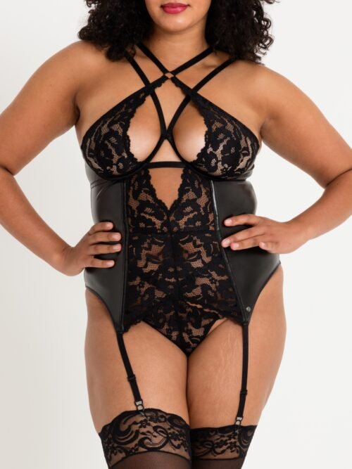 Lovehoney Plus Size Fierce Romance Black Wet Look and Lace Bustier Set