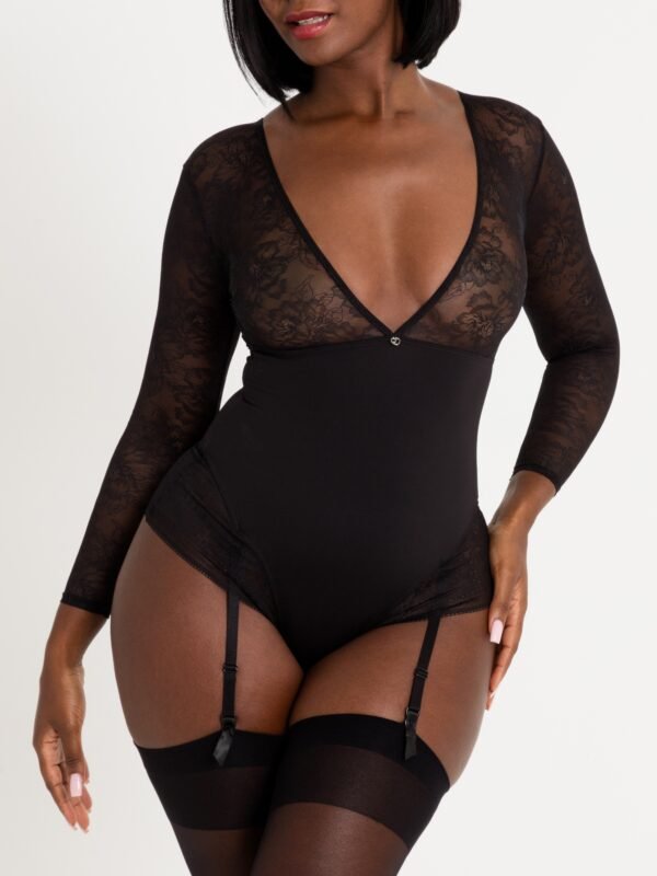 Lovehoney Hourglass Black Smoothing Long Sleeve Crotchless Teddy