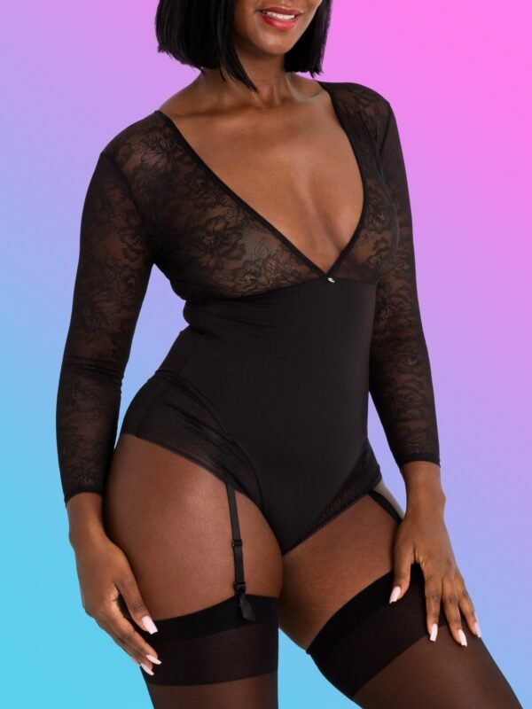Lovehoney Hourglass Black Smoothing Long Sleeve Crotchless Teddy