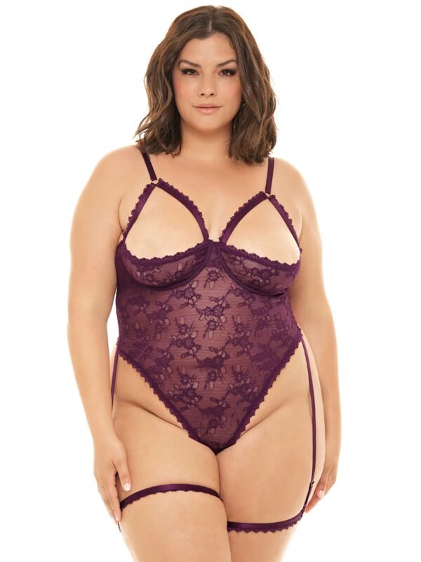 a48047g85769_2 Oh La La Cheri Elayne Purple Open-Cup Crotchless Lace Teddy with Garter Straps
