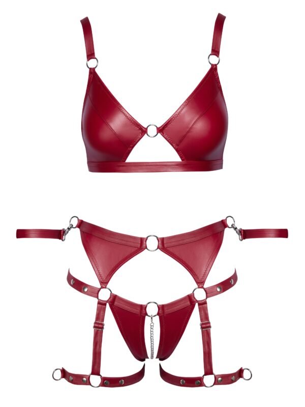 Cottelli Red Matte Wet Look Crotchless Bra Set with Restraints