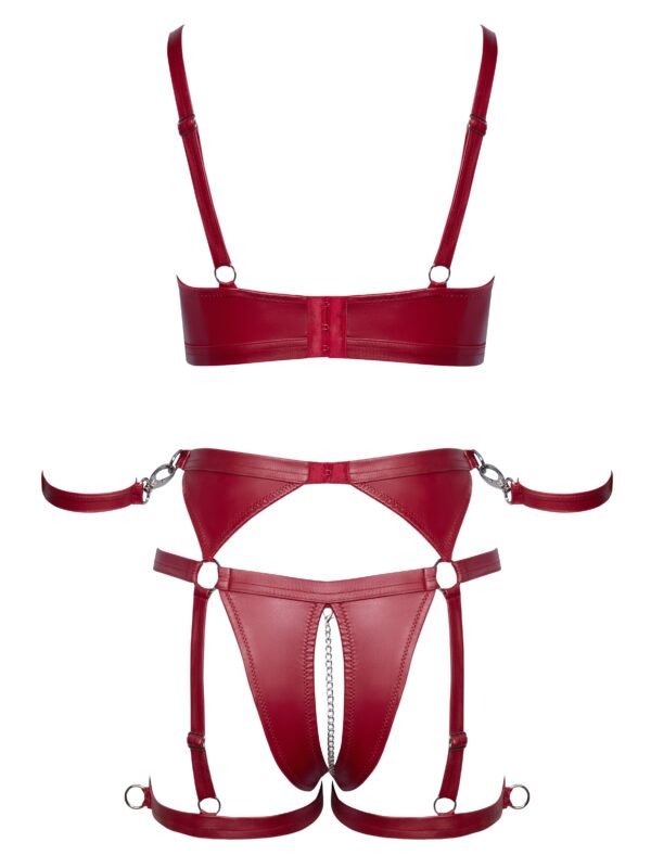 Cottelli Red Matte Wet Look Crotchless Bra Set with Restraints