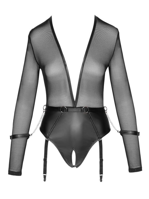 Cottelli Black Mesh & Wetlook Long Sleeve Crotchless Restraint Body