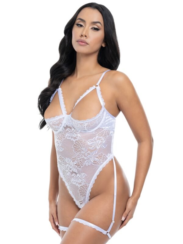 Oh La La Cheri Elayne White Open-Cup Crotchless Lace Body with Garter Straps