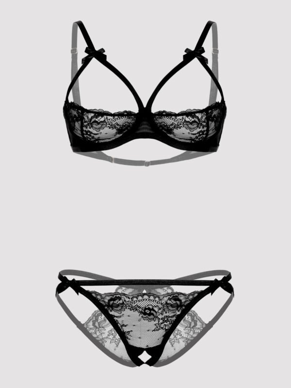 75596_4 Lovehoney Black Quarter Cup Bra and Crotchless Panties Set