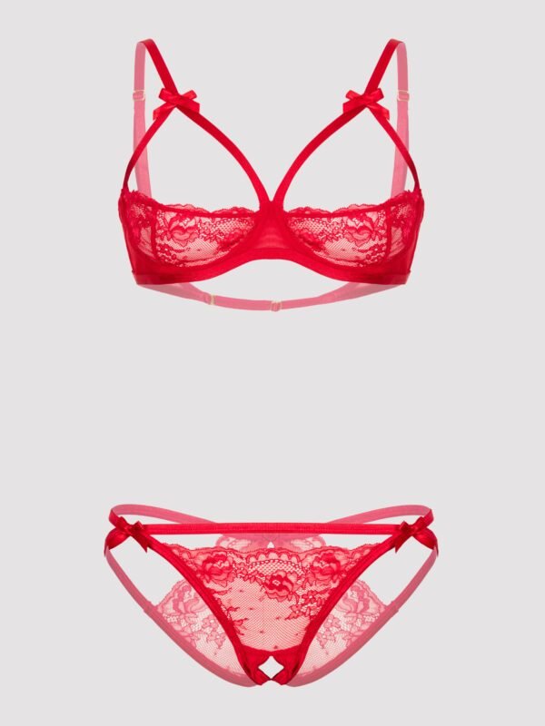 Lovehoney Red Quarter Cup Bra and Crotchless Panties Set