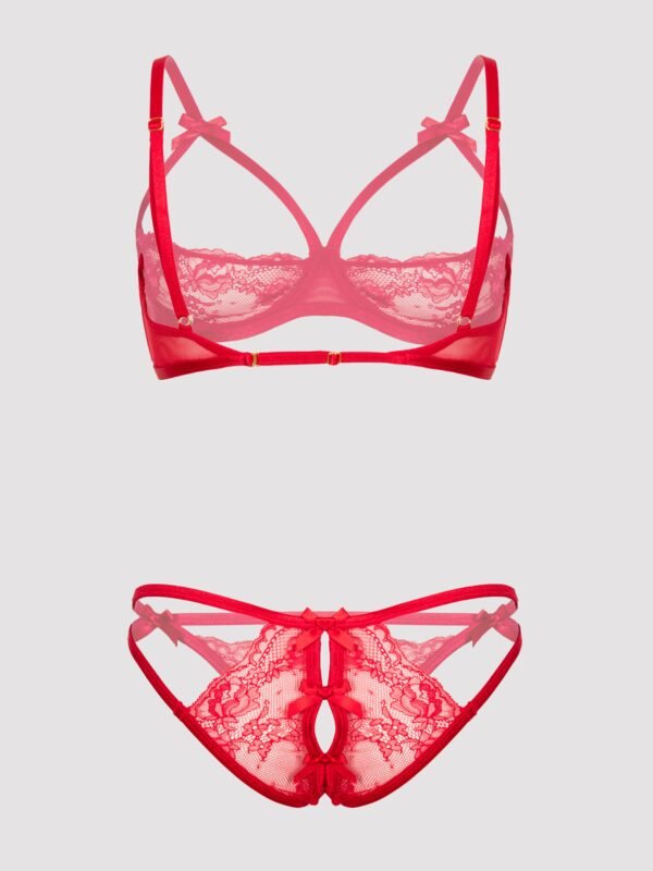 Lovehoney Red Quarter Cup Bra and Crotchless Panties Set
