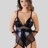 Cottelli Wet Look and Mesh Bondage Teddy with Arm Restraints