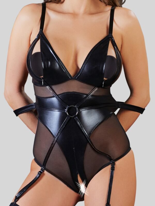 Cottelli Wet Look and Mesh Bondage Teddy with Arm Restraints