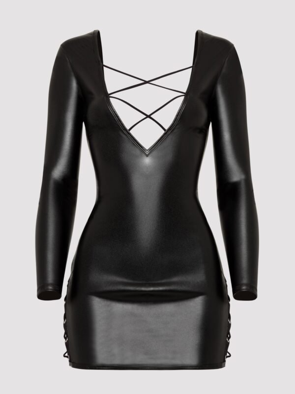Lovehoney Plus Size Fierce Leather Look Lace-Up Black Long Sleeve Dress