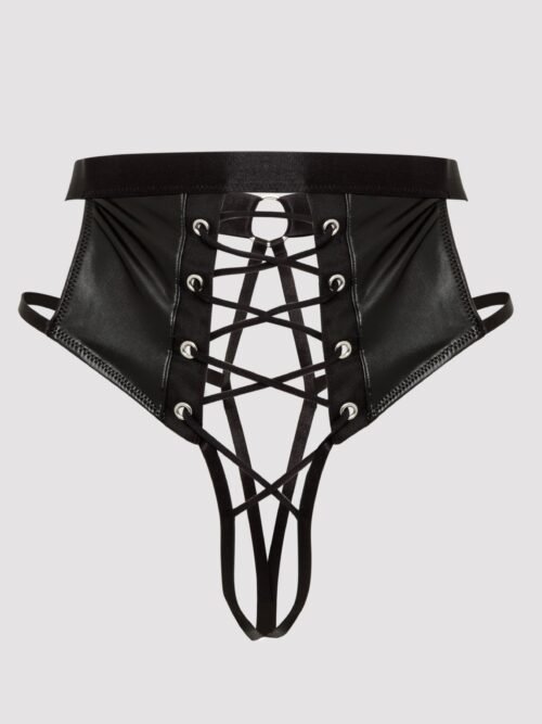 Lovehoney Fierce Leather Look Lace-Up Black Crotchless Thong