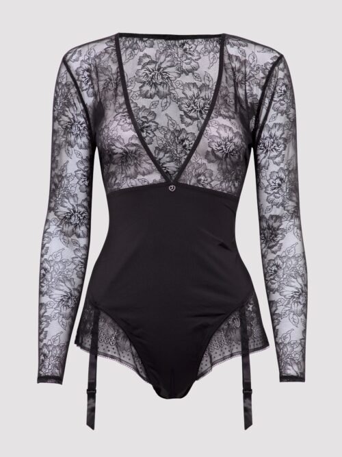 Lovehoney Plus Size Hourglass Black Smoothing Long Sleeve Crotchless Teddy