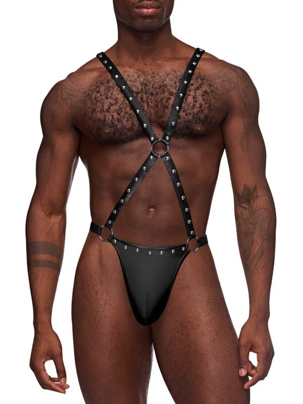a49876g87949_1 Male Power Black Studded Wet-Look Harness Thong