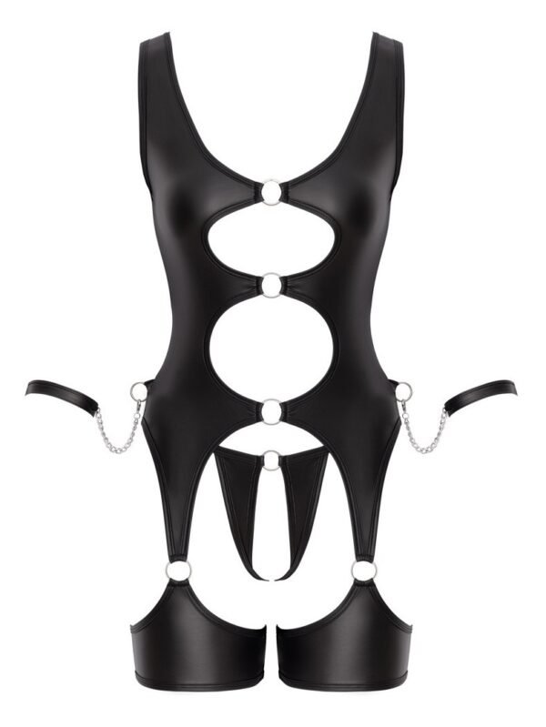 Cottelli Black Wet Look Cut Out Restraint Crotchless Basque Set
