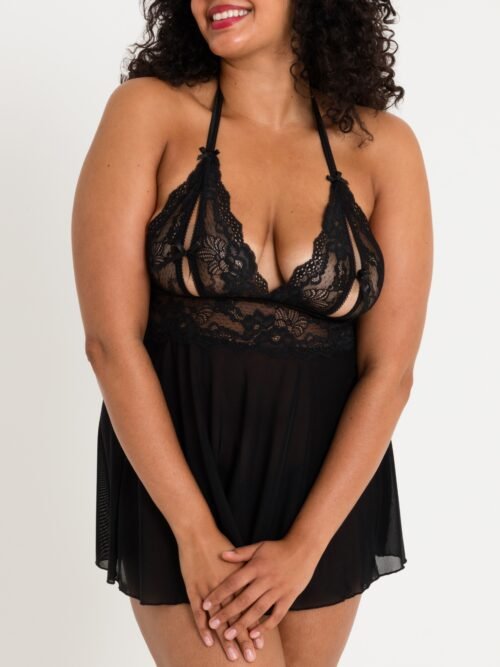 Lovehoney Plus Size Peek-a-Boo Black Lace Babydoll Set