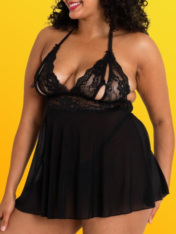 Lovehoney Plus Size Peek-a-Boo Black Lace Babydoll Set
