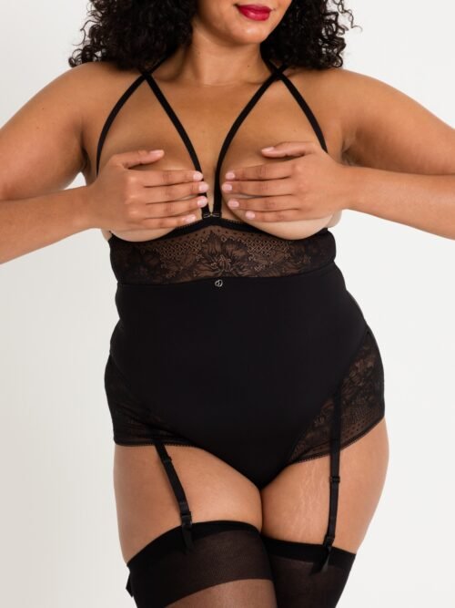 Lovehoney Plus Size Hourglass Black Smoothing Open-Cup Crotchless Teddy