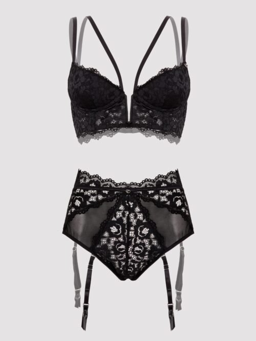 Lovehoney Plus Size Parisienne Black Lace Plunge Longline Bra Set