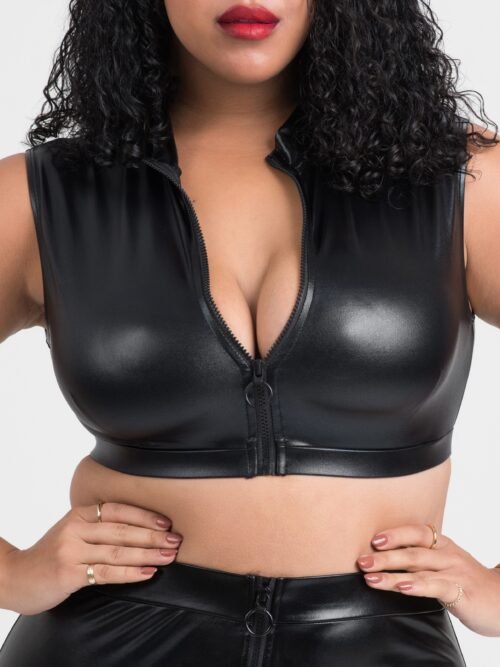 Lovehoney Plus Size Fierce Black Wet Look Zipper Crop Top