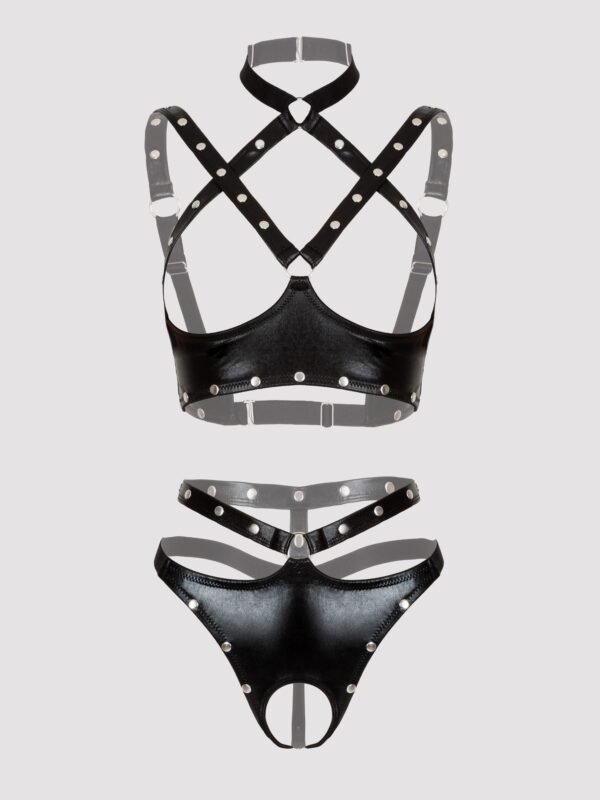 Lovehoney Plus Size Fierce Tough Love Wet Look Open-Cup Crotchless Bra Set