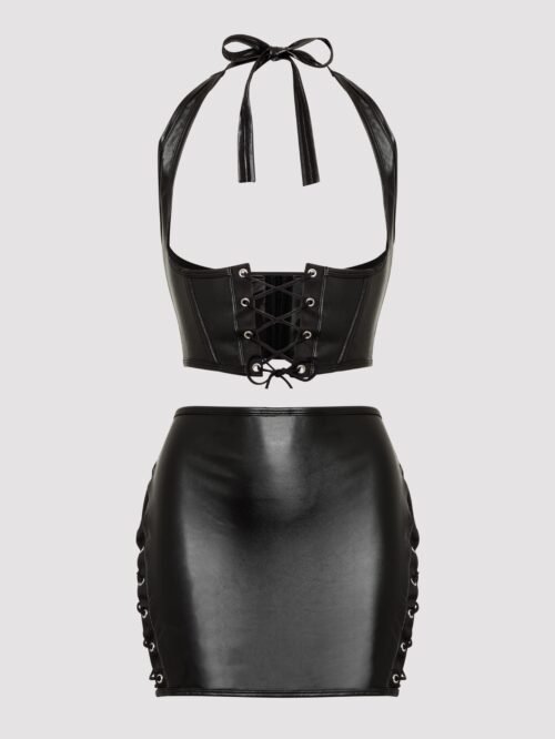 Lovehoney Plus Size Fierce Leather Look Lace-Up Black Bra & Skirt Set