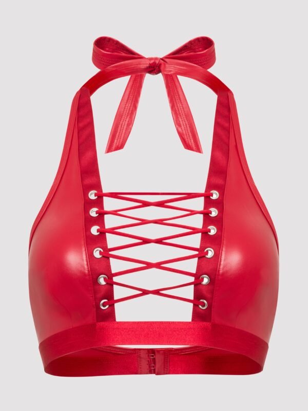 Lovehoney Plus Size Fierce Leather Look Lace-Up Red Halterneck Bra