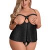 Exposed Plus Size Black Open-Cup Crotchless Cami Set
