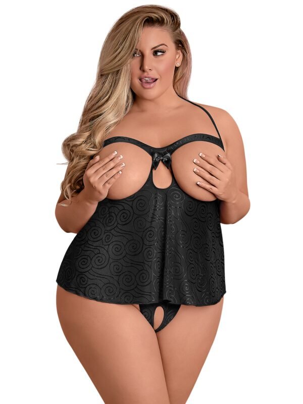 Exposed Plus Size Black Open-Cup Crotchless Cami Set