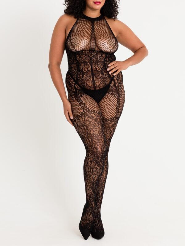 Lovehoney Plus Size Lace and Fishnet Crotchless Basque Bodystocking