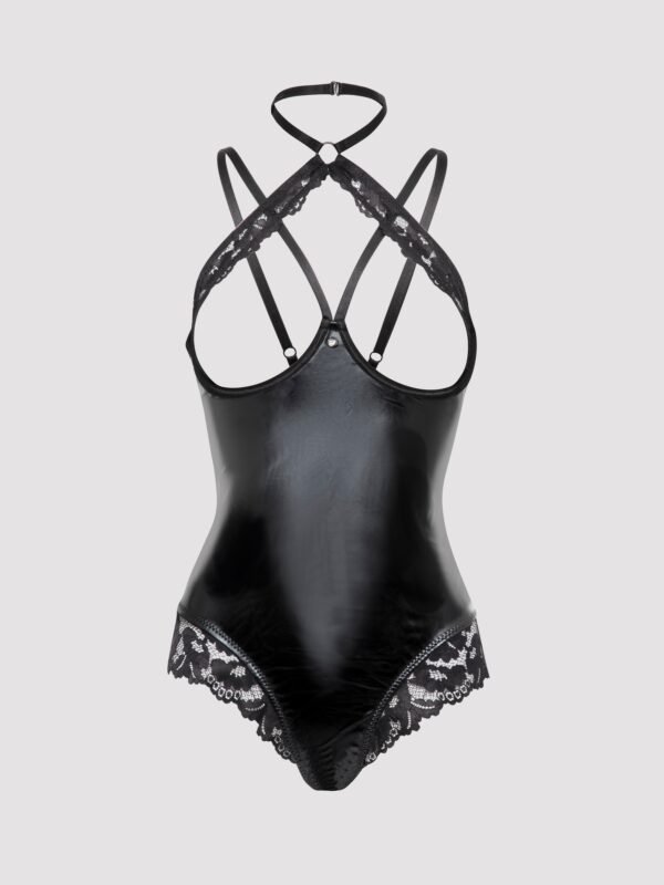 Lovehoney Plus Size Fierce Romance Black Wet Look and Lace Open-Cup Teddy