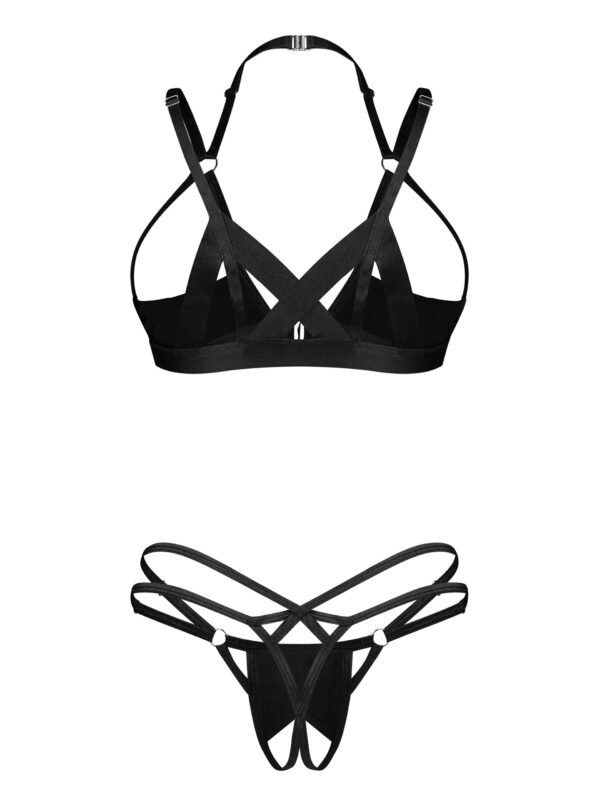 Obsessive Black Kiera Lise Wet Look Two-Piece Crotchless Bra Set