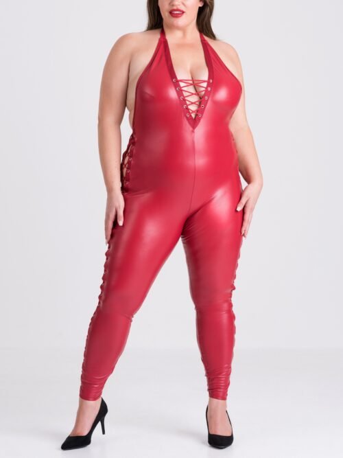 Lovehoney Plus Size Fierce Leather Look Lace-Up Red Catsuit