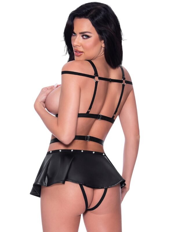 Exposed Lust Black Wet Look Open-Cup Studded Skirted Dress Set