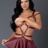 Exposed Lust Burgundy Wet Look Open-Cup Studded Skirted Dress Set