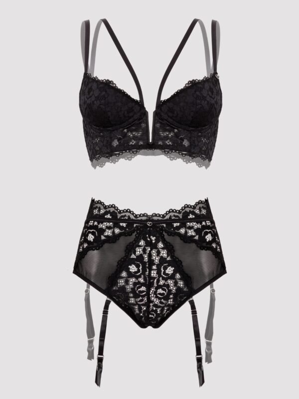 Lovehoney Parisienne Black Lace Plunge Longline Bra Set