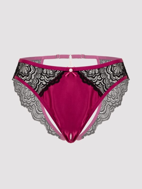 Lovehoney Plus Size Satin Romance Black Open-Back Pearl Crotchless Knickers