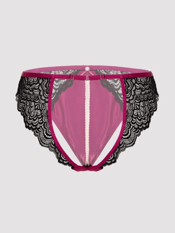 Lovehoney Plus Size Satin Romance Black Open-Back Pearl Crotchless Knickers
