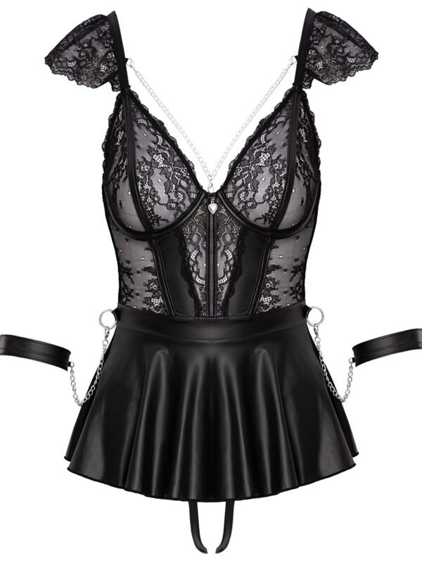 Cottelli Black Crotchless Wet Look and Lace Restraint Dress